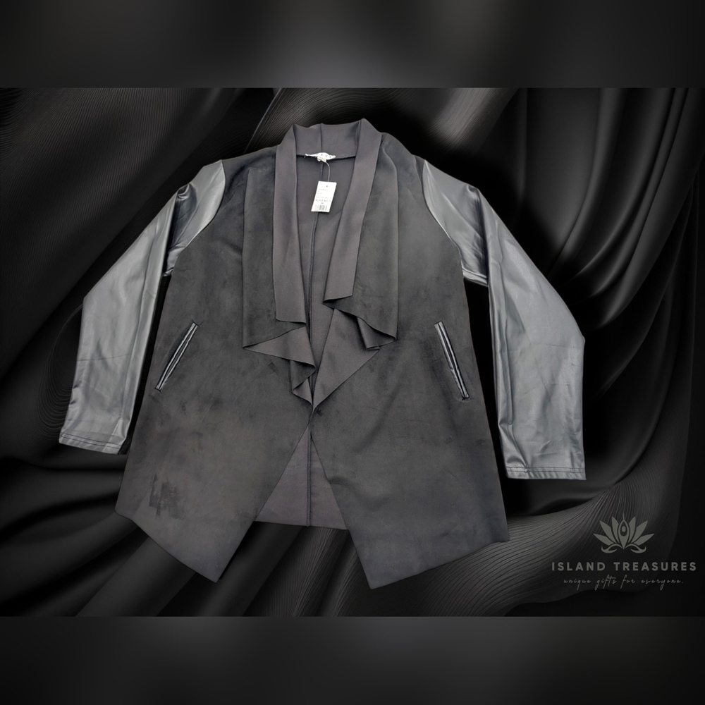 NWT HYFVE Soft Draped Sz Medium Women Black Faux Leather Jacket Sleeve - Picture 9 of 13